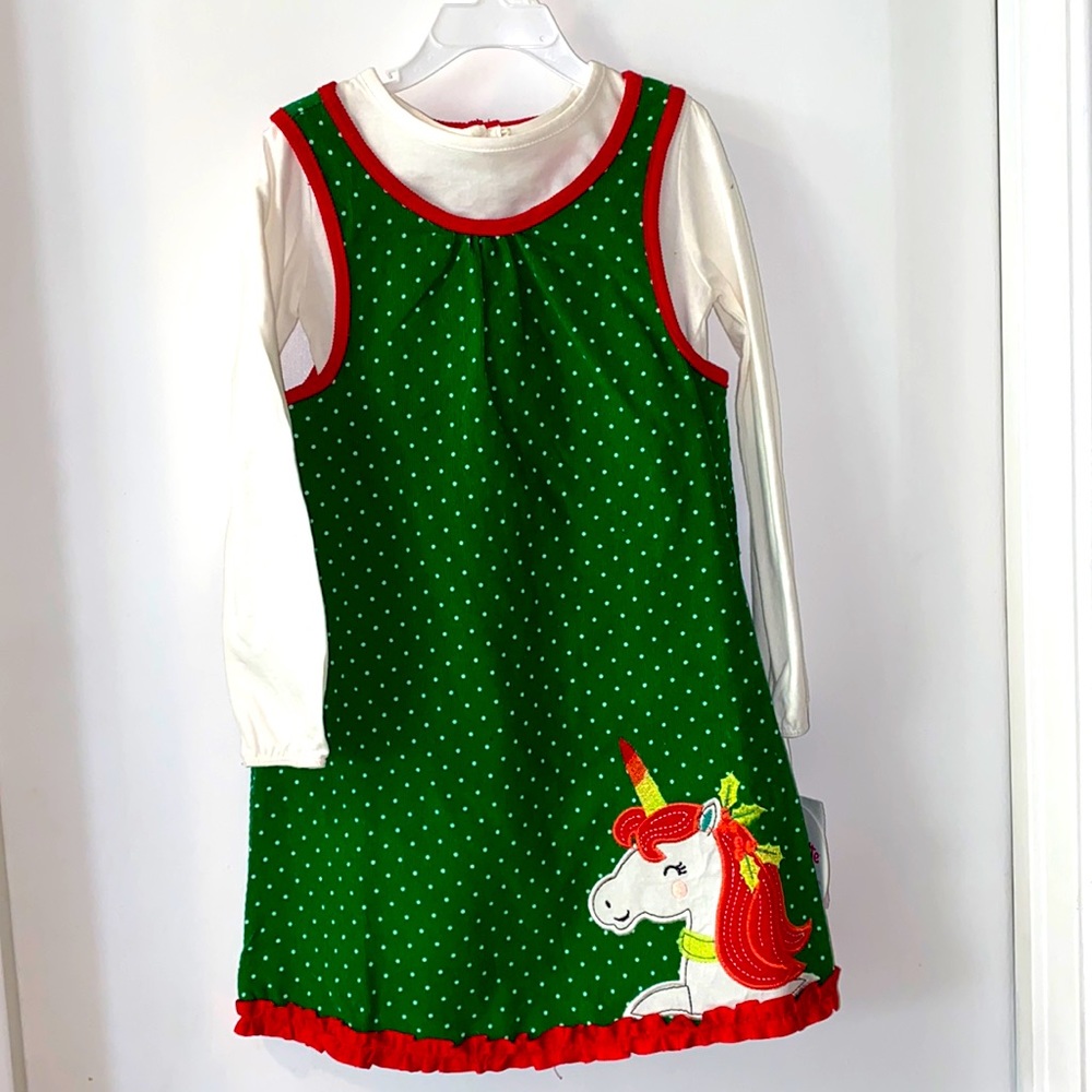 Size 6 girls Christmas unicorn dress green/red and beige long sleeve shirt